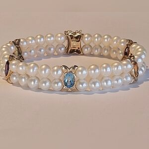 Solid 14k Yellow Gold 2 Row 7mm White Pearl Semi Precious Gemstone Bracelet